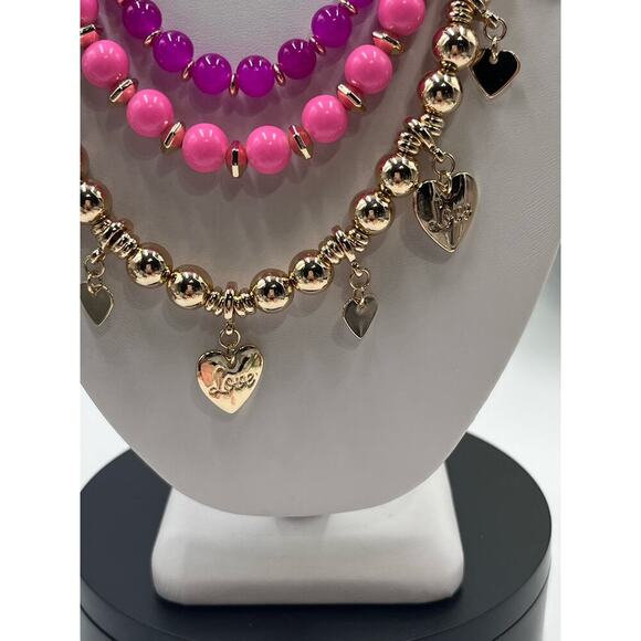 Lilly Pulitzer Triple Strand PINK Beaded GOLD HEART CHARM Love Necklace New - Picture 4 of 13